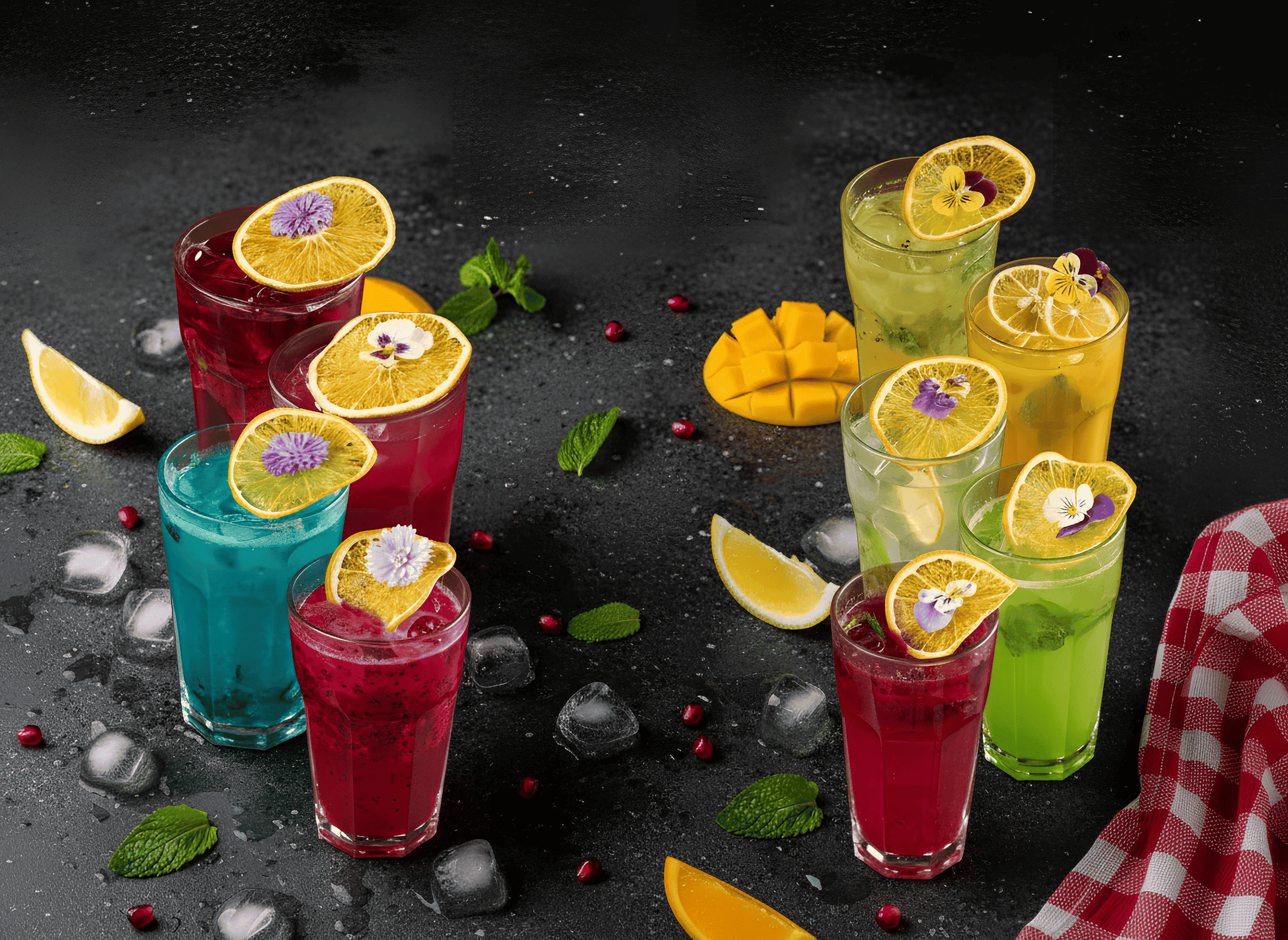 Яркие лимонады в высоких стаканах